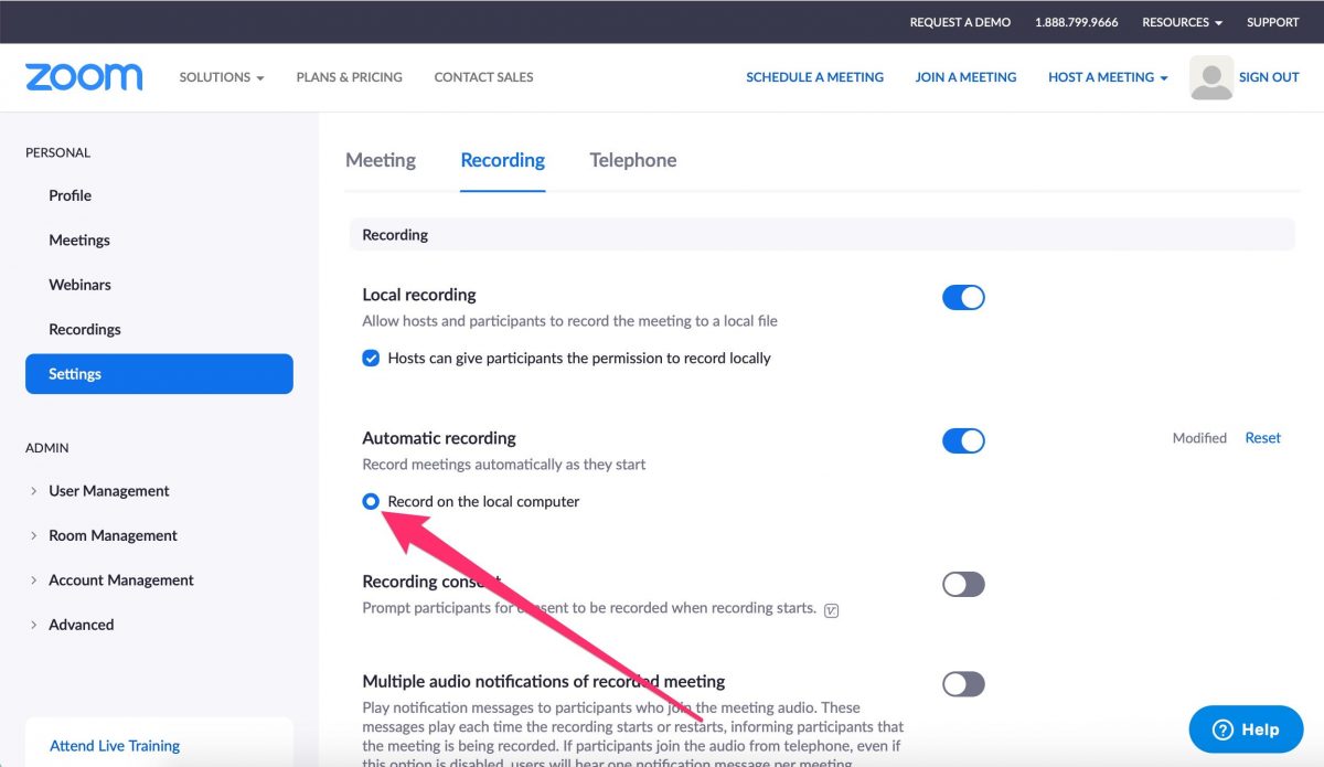 7. The “Record on the local computer” option should also be selected. This should be the only available option, unless you have upgraded to a paid account subscription – which gives you the option for cloud recordings.
